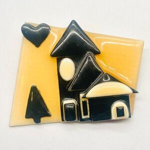 Lucinda House Pins Brooch Art Whimsical Cottage Heart Cream Black 2.25 x 1.75
